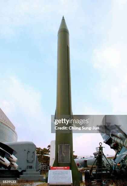 North Korea Scud-B missile is displayed at the Korea War Memorial Museum March 10, 2003 in Seoul, South Korea. North Korea fired a cruise missile...