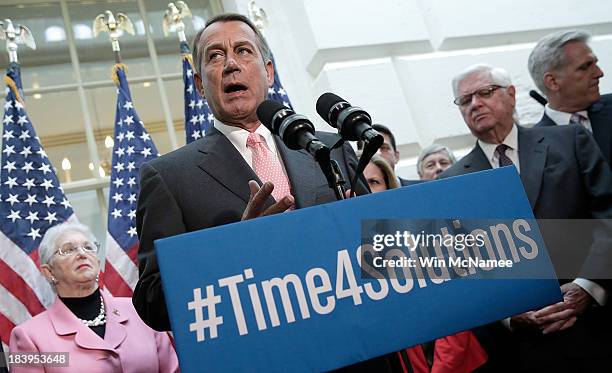 Speaker of the House John Boehner speaks during a press conference with members of the House Republican leadership at the U.S. Capitol following a...