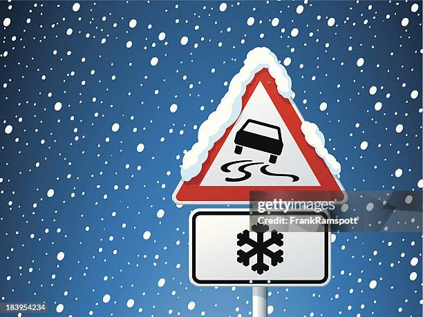 gefährlichen region der gefahr-warnschild winter - glatteis stock-grafiken, -clipart, -cartoons und -symbole