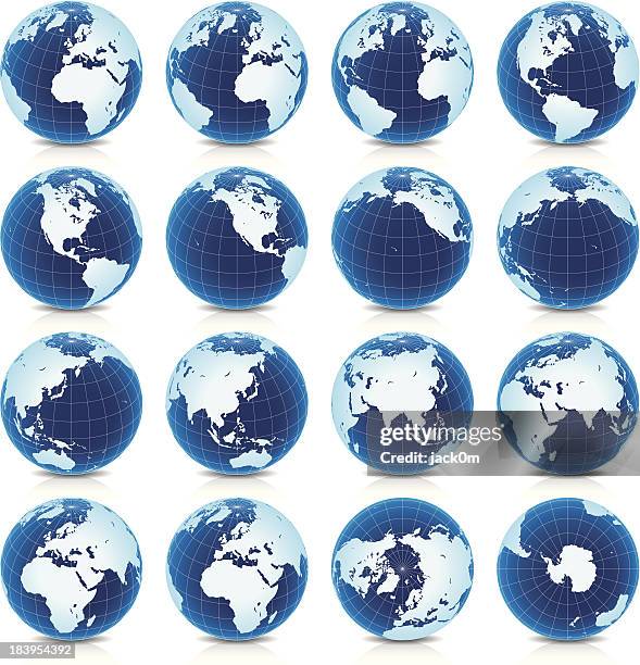 spinning earth globe icon set, latitude 30° n view - antarctica stock illustrations