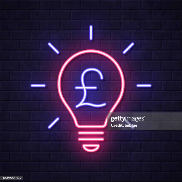 light bulb with pound sign. glowing neon icon on brick wall background - pound stock illustrations