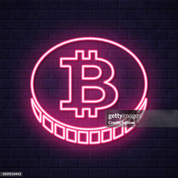 bitcoin-münze. leuchtende neon-ikone auf backsteinwandhintergrund - bitcoin stock-grafiken, -clipart, -cartoons und -symbole