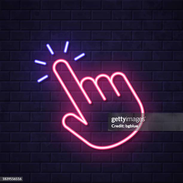 click with hand cursor. glowing neon icon on brick wall background - touch screen wall stock illustrations