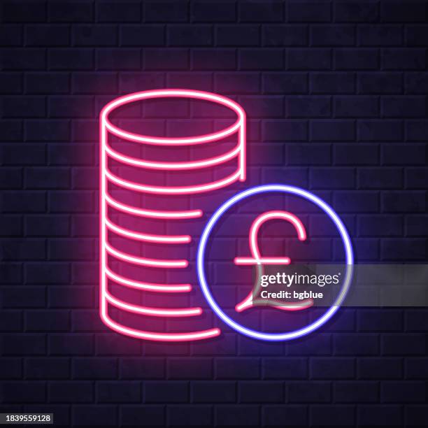 pound coins stack. glowing neon icon on brick wall background - pound coin stack stock illustrations