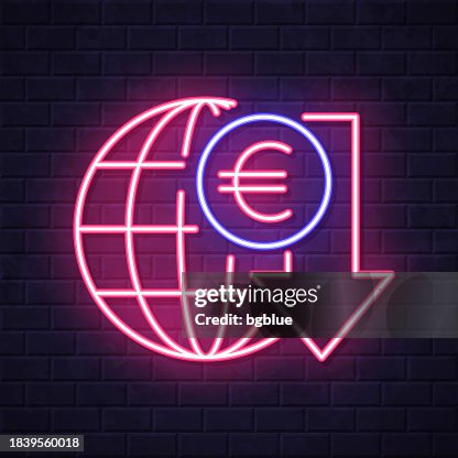 Euro rate decrease. Glowing neon icon on brick wall background Euro rate decrease. Glowing neon icon on brick wall background