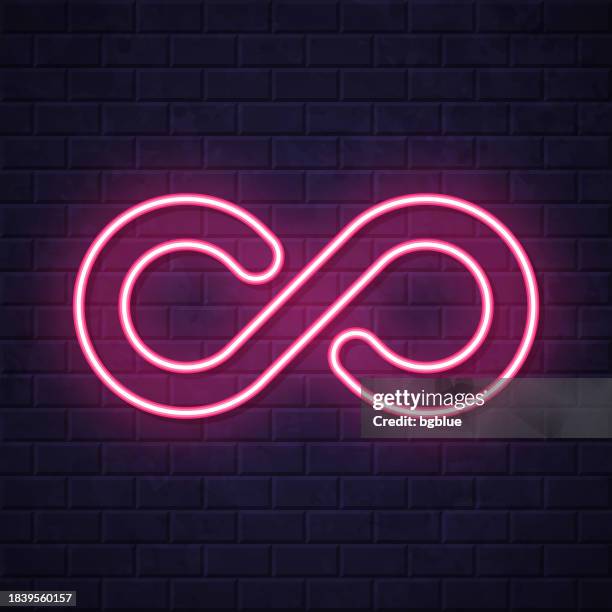 infinity. glowing neon icon on brick wall background - geometric endless pattern stock illustrations