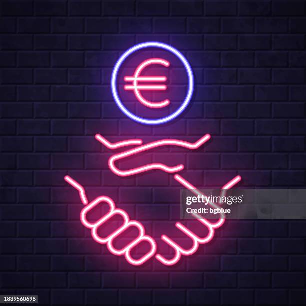 euro agreement. glowing neon icon on brick wall background - wall e stock illustrations