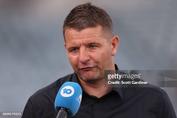 Mariners coach Mark Jackson during a pre game interview during the A-League Men round seven match between Central Coast Mariners and Western United...