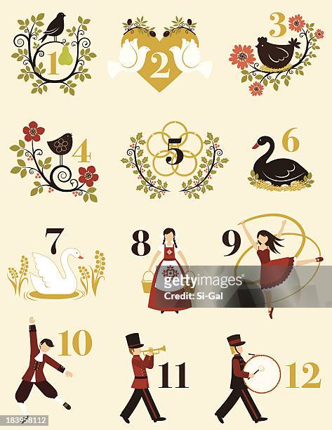 ilustraciones, imágenes clip art, dibujos animados e iconos de stock de the twelve days of christmas-canción en inglés - the twelve days of christmas