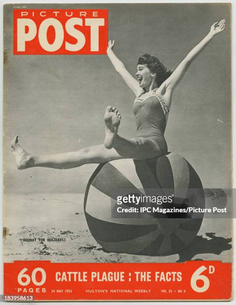 The cover of the 24th May 1952 issue of Picture Post magazine, featuring a photo of a young woman sitting on a large beach ball, with the caption...