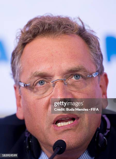 Secretary General, Jerome Valcke attends a press conference of 2014 FIFA World Cup Brazil LOC Board meeting on October 10, 2013 in Rio de Janeiro,...