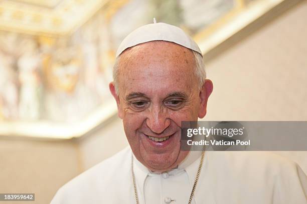 Pope Francis attends an audience with Croatia's President Ivo Josipovic at his studio on October 10, 2013 in Vatican City, Vatican. During...