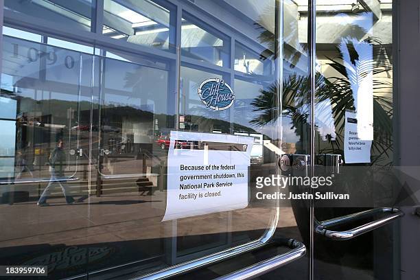 Closure sign is posted on the front door of the Cliff House restaurant on October 10, 2013 in San Francisco, California. Due to the government...