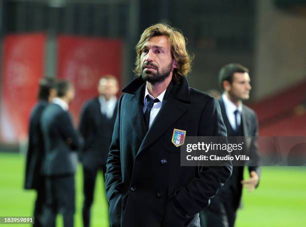 Andrea Pirlo of Italy inspects the pitch ahead of tomorrow's FIFA 2014 World Cup group B Qualifier against Denmark at Parken Stadium on October 10,...