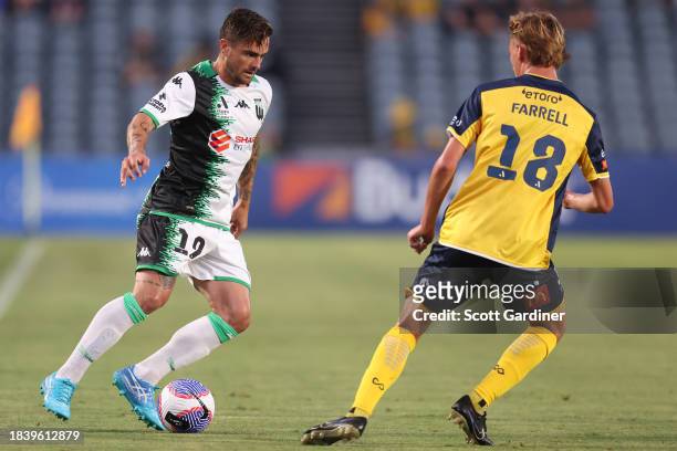 Joshua Risdon of Western United with the ball during the A-League Men round seven match between Central Coast Mariners and Western United at...