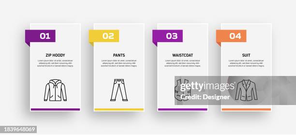 clothes and accessories related process infographic template. process timeline chart. workflow layout with linear icons - data collection icon stock illustrations
