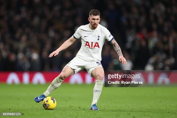 Pierre-Emile Hojbjerg of Tottenham Hotspur controls the ball during the Premier League match between Tottenham Hotspur and West Ham United at...