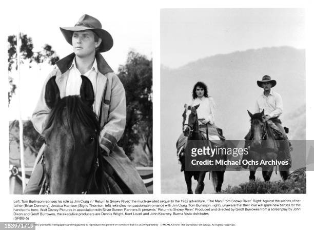 Actor Tom Burlinson on set Actress Sigrid Thornton and Actor Tom Burlinson on set of the movie "Return to Snowy River" in 1988.