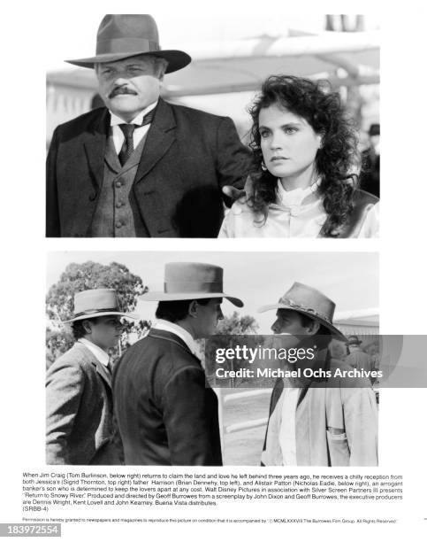 Actor Brian Dennehy and actress Sigrid Thornton on set Actor Nicholas Eadie and Tom Burlinson on set of the movie "Return to Snowy River" in 1988.