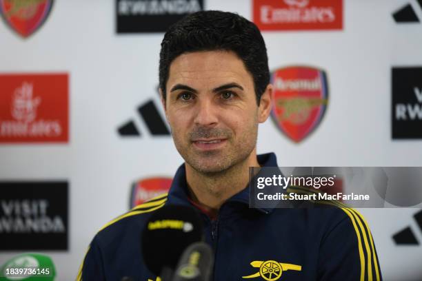 Arsenal manager Mikel Arteta attends a press conference at London Colney on December 08, 2023 in St Albans, England.