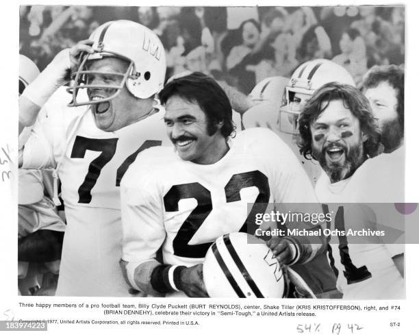 Actors Brian Dennehy, Burt Reynolds and Kris Kristofferson on set for the United Artists movie " Semi-Tough" in 1977.