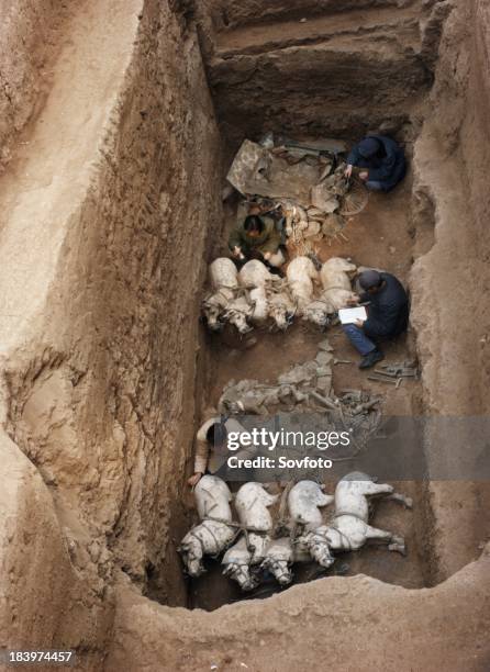 Archaeologists excavating terra-cotta warriors and horses at the tomb of the first emperor of China, Qin Shi Huang Ti in Xian, China.