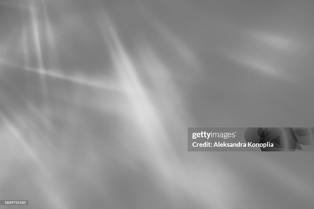 Blurred dreamy surreal rainbow light refraction texture overlay effect on white wall. Transparent soft light and shadows from window