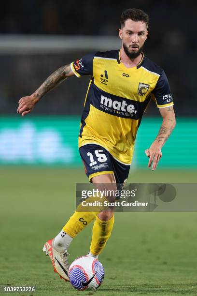Storm Roux of the Mariners with the ball during the A-League Men round seven match between Central Coast Mariners and Western United at Industree...