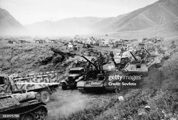 Operation August Storm . A Soviet tank unit crossing the Great Khingan Mountain in Manchuria. August 1945.