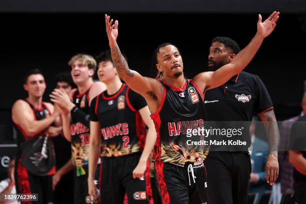 Justin Robinson of the Hawks celebrates during the round 10 NBL match between Illawarra Hawks and Perth Wildcats at WIN Entertainment Centre, on...
