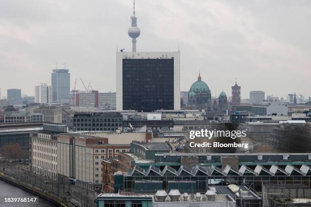 The International Trade Center building, center, in front of the Berlin TV Tower, on the city skyline in central Berlin, Germany, on Friday, Dec. 8,...