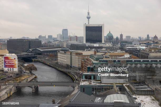 The International Trade Center building, center, in front of the Berlin TV Tower, on the city skyline in central Berlin, Germany, on Friday, Dec. 8,...