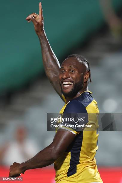 Brian Kaltak of the Mariners celebrates Alou Kuol of the Mariners goal during the A-League Men round seven match between Central Coast Mariners and...