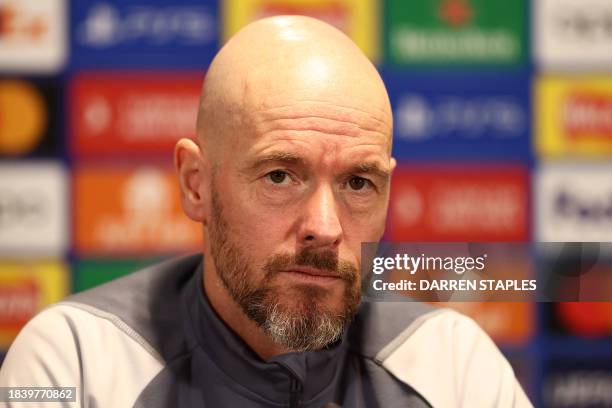 Manchester United's Dutch manager Erik ten Hag attends a press conference at the Carrington Training Complex in Manchester, north-west England on...