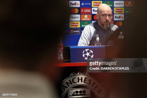 Manchester United's Dutch manager Erik ten Hag attends a press conference at the Carrington Training Complex in Manchester, north-west England on...