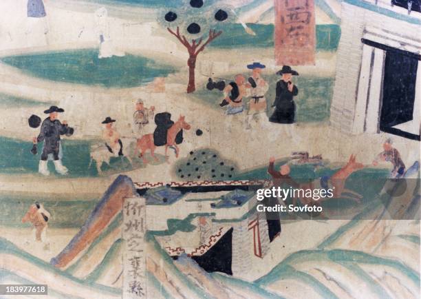 Detail of the Wutai Mountain Map, a mural painting done during the Five Dynasties in the Dunhuang Grottoes, depicting pilgrims coming up to an inn...