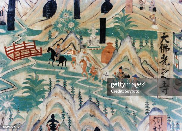 Detail of the Wutai Mountain Map, a mural painting done during the Five Dynasties in the Dunhuang Grottoes, depicting pilgrims travelling along a...