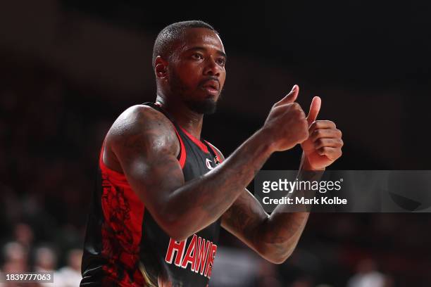 Gary Clark of the Hawks gestures during the round 10 NBL match between Illawarra Hawks and Perth Wildcats at WIN Entertainment Centre, on December 08...