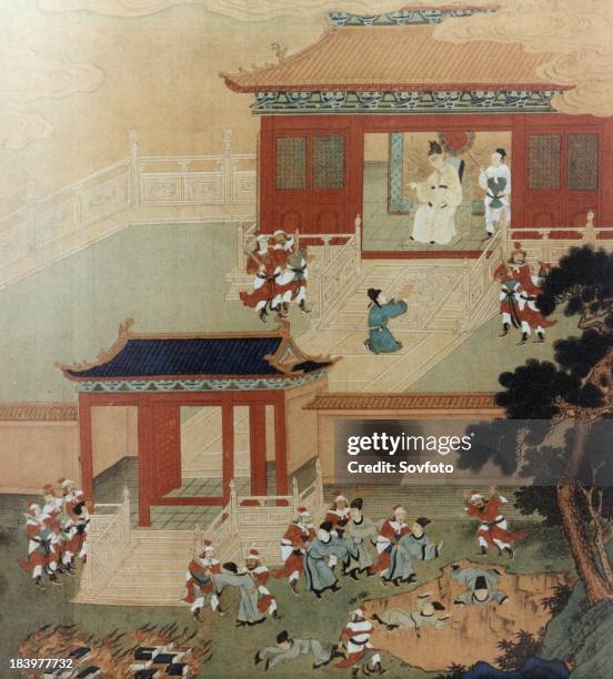 Killing of Confucian scholars by order of Emperor Qin Shi Huang Ti . Painting.