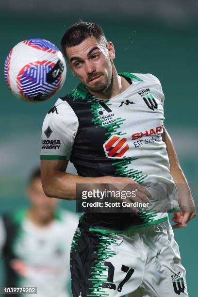 Benjamin Garuccio of Western United heads the ball during the A-League Men round seven match between Central Coast Mariners and Western United at...