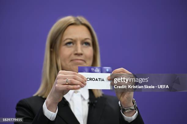 Special guest Janni Arnth Jensen draws out the card of Croatia during the UEFA Women's Nations League 2023/24 Promotion And Relegation Draw at The...