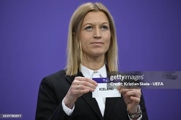 Special guest Janni Arnth Jensen draws out the card of Iceland during the UEFA Women's Nations League 2023/24 Promotion And Relegation Draw at The...