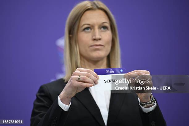 Special guest Janni Arnth Jensen draws out the card of Serbia during the UEFA Women's Nations League 2023/24 Promotion And Relegation Draw at The...
