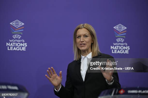 Special guest Janni Arnth Jensen during the UEFA Women's Nations League 2023/24 Promotion And Relegation Draw at The House of European Football, on...
