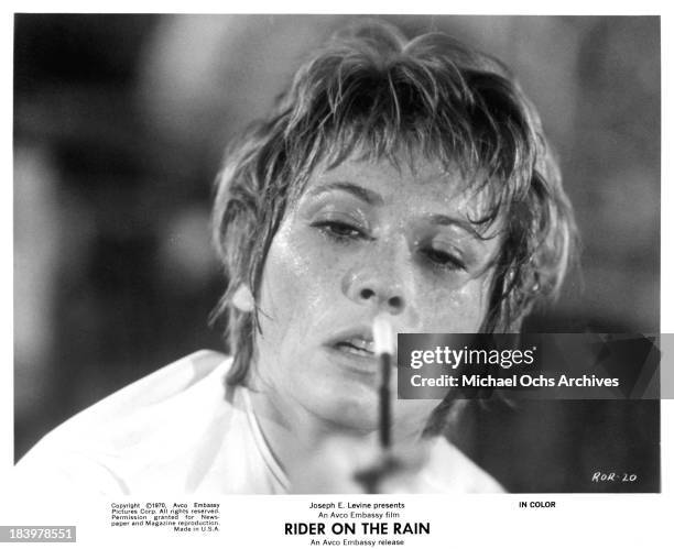 Actress Marlene Jobert on set of the Embassy Pictures movie "Rider on the Rain" in 1970.