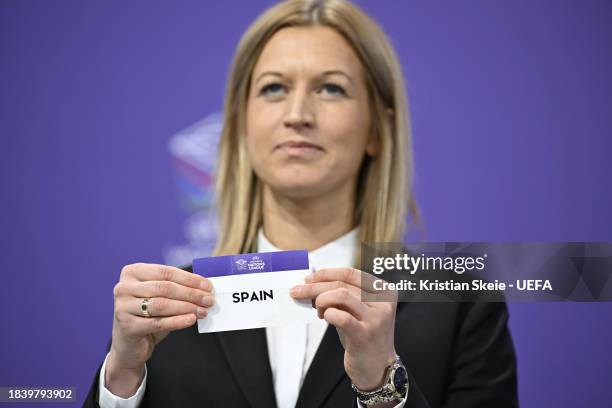 Special guest Janni Arnth Jensen draws out the card of Spain during the UEFA Women's Nations League 2023/24 Finals Draw at The House of European...