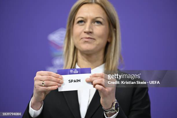 Special guest Janni Arnth Jensen draws out the card of Spain during the UEFA Women's Nations League 2023/24 Finals Draw at The House of European...