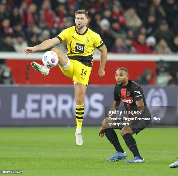 Niclas Füllkrug of Borussia plays the ball during the Bundesliga match between Bayer 04 Leverkusen and Borussia Dortmund at BayArena on December 3,...