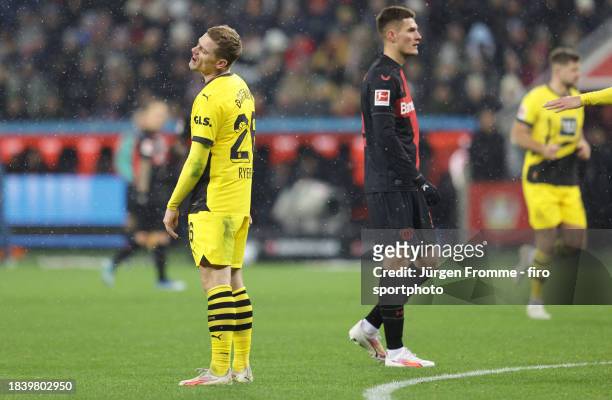 Julian Ryerson of BVB disappoints and Patrik Schick of Bayer on the right during the Bundesliga match between Bayer 04 Leverkusen and Borussia...