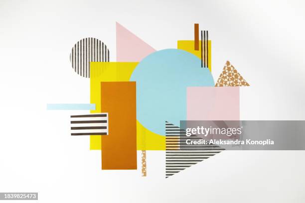 contemporary abstract geometric shape analog paper collage composition isolated on white background - retro futurism space stock pictures, royalty-free photos & images